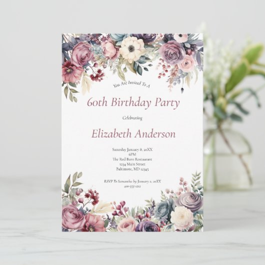 60e verjaardag Uitnodiging Roze Paarse Bloemen (Staand voorkant)