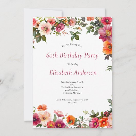 60e verjaardag uitnodiging Roze rode bloemen (Voorkant)