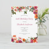 60e verjaardag uitnodiging Roze rode bloemen (Staand voorkant)