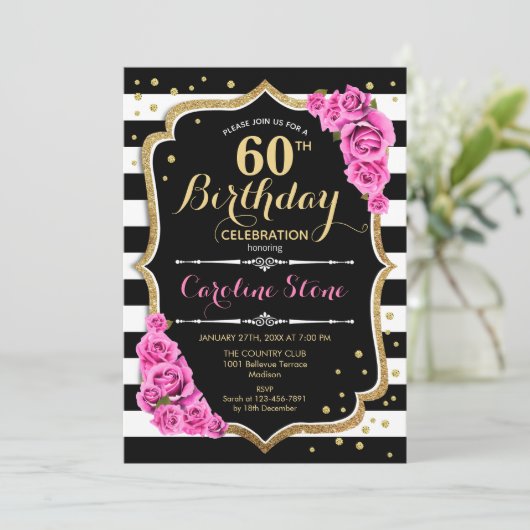60e verjaardag uitnodiging roze zwart wit strepen (Staand voorkant)