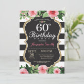 60e verjaardag uitnodiging vrouwen. Floral Gold Bl (Staand voorkant)