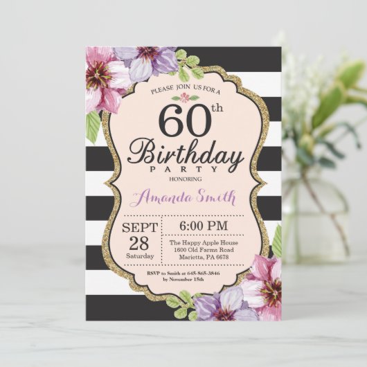 60e verjaardag uitnodiging vrouwen. Floral Gold Bl (Staand voorkant)