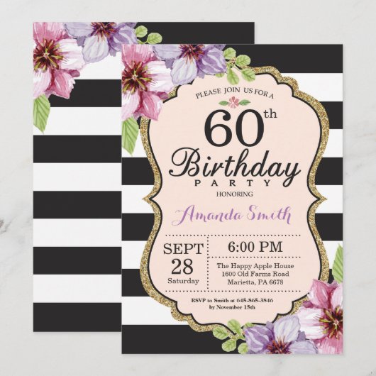 60e verjaardag uitnodiging vrouwen. Floral Gold Bl (Voorkant / Achterkant)