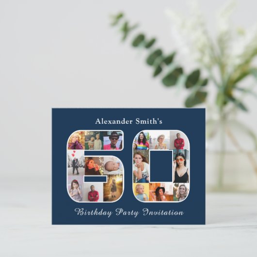 60e verjaardag uitnodiging zestig foto donkerblauw (Staand voorkant)