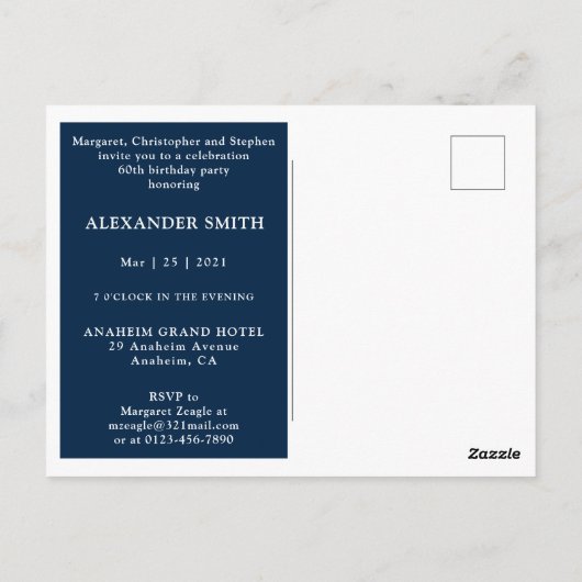 60e verjaardag uitnodiging zestig foto donkerblauw (Achterkant)