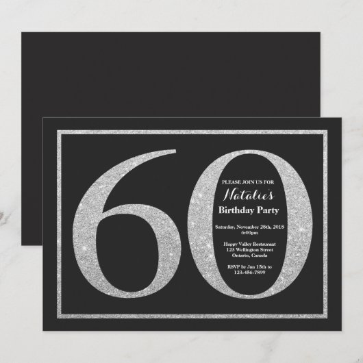 60e verjaardag uitnodiging zilveren glitter krijtb (Voorkant / Achterkant)