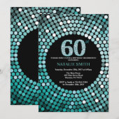 60e verjaardag uitnodiging zwart en Blauwgroen gli (Voorkant / Achterkant)