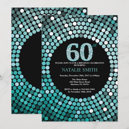 60e verjaardag uitnodiging zwart en Blauwgroen gli (Voorkant / Achterkant)