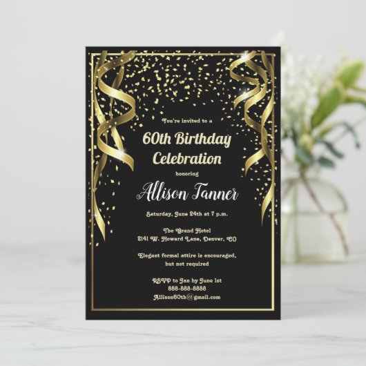 60e verjaardag uitnodiging zwart en goud Confetti (Staand voorkant)