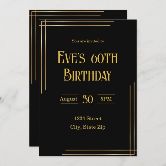 60e verjaardag uitnodiging – Zwart & Goud | elegan (Voorkant / Achterkant)