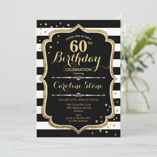 60e verjaardag uitnodiging zwart wit strepen (Staand voorkant)