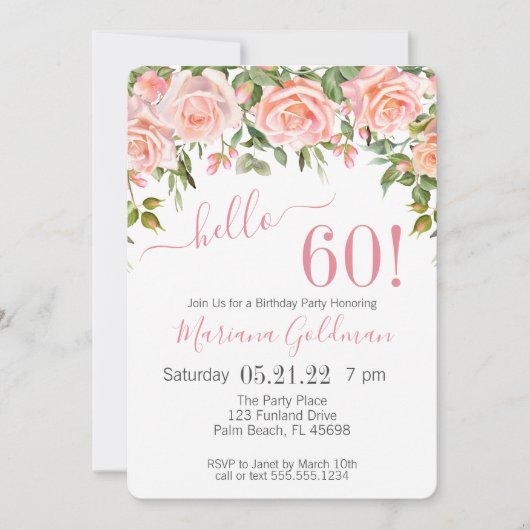 60e verjaardag Uitnodigingen Roze Floral Moderne P (Voorkant)