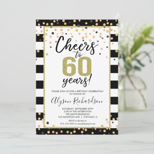 60e verjaardag uitnodigingen, zwart en goud gejuic kaart (Staand voorkant)