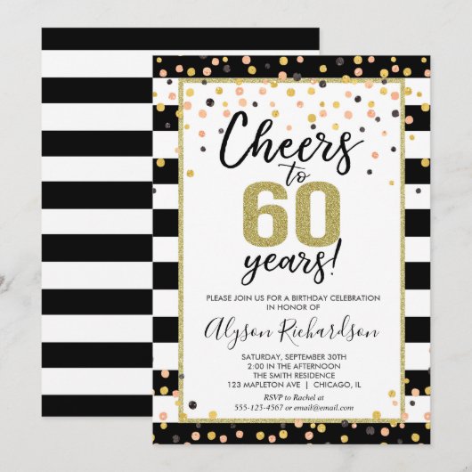 60e verjaardag uitnodigingen, zwart en goud gejuic kaart (Voorkant / Achterkant)