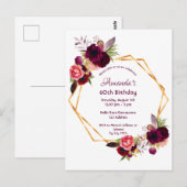 60e verjaardag van de burgundy floral gold uitnodi briefkaart (Voorkant / Achterkant)