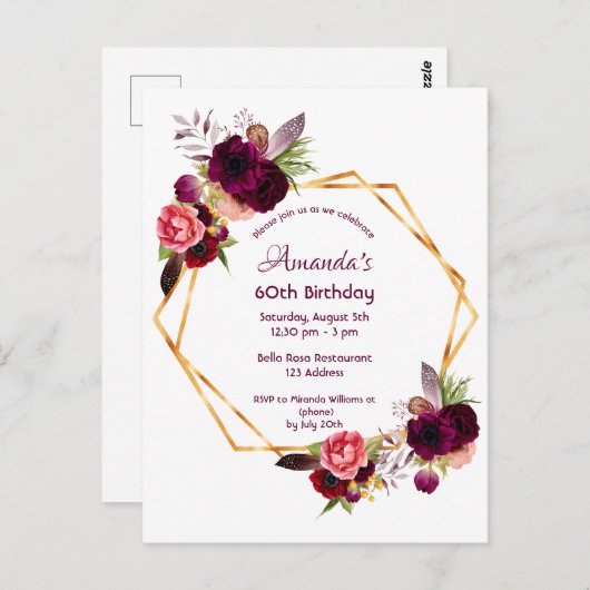 60e verjaardag van de burgundy floral gold uitnodi briefkaart (Voorkant / Achterkant)