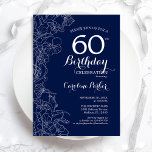 60e verjaardag van de marine White Floral Kaart<br><div class="desc">Navy White Floral 60th Birthday Party Invitation. Minimalistisch modern ontwerp met botanische contouren en lettertype typografiescript. Eenvoudige trendy nodigt een perfecte kaart uit voor een stijlvolle feestdag in het vrouw. Kan op elke leeftijd worden aangepast. Uitnodigingen op Zazzle afdrukken of sjabloon voor digitaal afdrukken direct downloaden.</div>