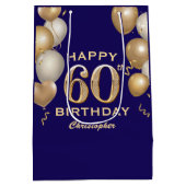 60e verjaardag van de marineblauw en goudballonnen medium cadeauzakje (Achterkant)