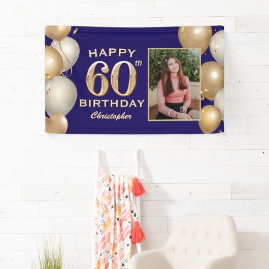 60e verjaardag van de marineblauw en goudballonnen spandoek (Insitu)