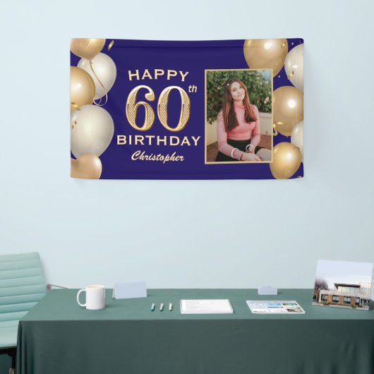 60e verjaardag van de marineblauw en goudballonnen spandoek (Beurs)