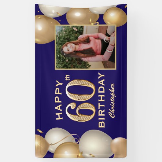 60e verjaardag van de marineblauw en goudballonnen spandoek (Verticaal)