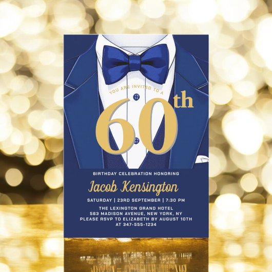 60e verjaardag van de Navy Blue en Gold Tuxedo Kaart