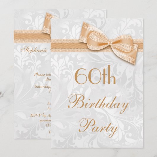 60e verjaardag van de partij Damask en Faux Bow Kaart (Voorkant / Achterkant)