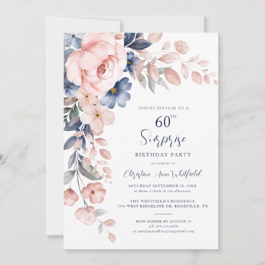 60e verjaardag van de roze Floral Kaart (Voorkant)