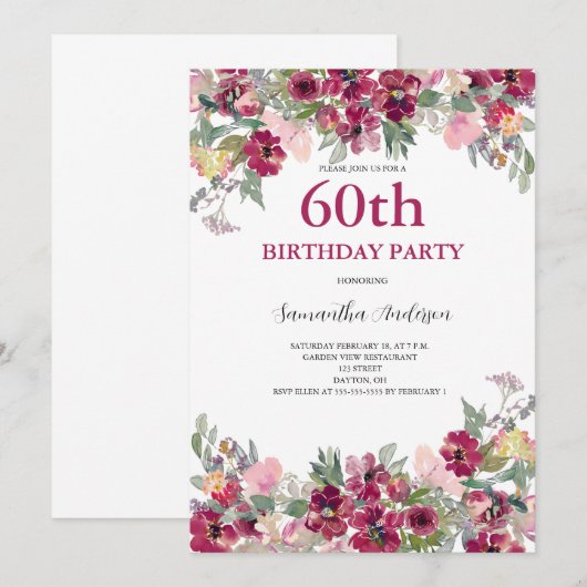 60e verjaardag van de Waterverf Floral Kaart (Voorkant / Achterkant)