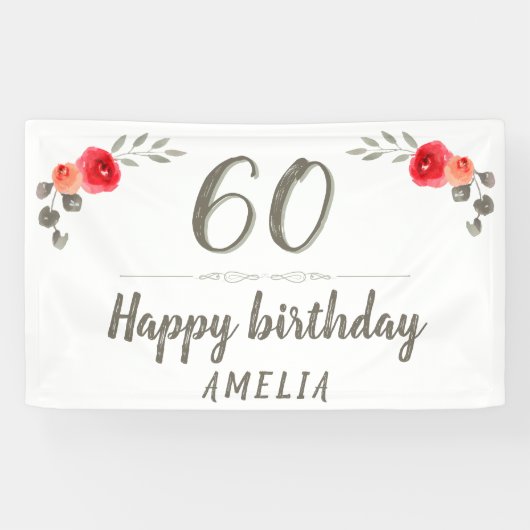 60e verjaardag van de Waterverf van de bloem Twig Spandoek (Horizontaal)
