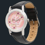 60e verjaardag van het koraal goudbloemen horloge<br><div class="desc">Een trendy horloge voor een 60e verjaardagscadeau. Met een vals goud hexagon geometrisch vormig lijst. Verkleurd met waterkleurige dahlia-bloemen in roze,  crème en koraal. Leven van koraal met polka-punten als achtergrond. Sjablonen voor een naam,  leeftijd 60 en een datum. Geboortedatum of -datum van de partij. Bourgogne en koraalkleurige letters.</div>