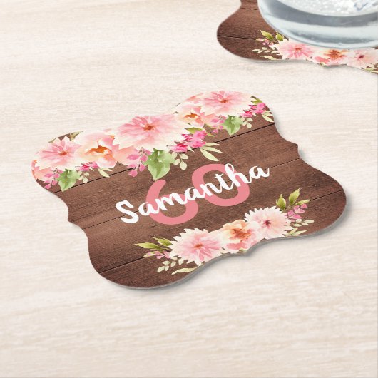 60e verjaardag van koraal dahlia bloemen bruin kartonnen onderzetters (Gekanteld)