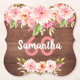 60e verjaardag van koraal dahlia bloemen bruin kartonnen onderzetters