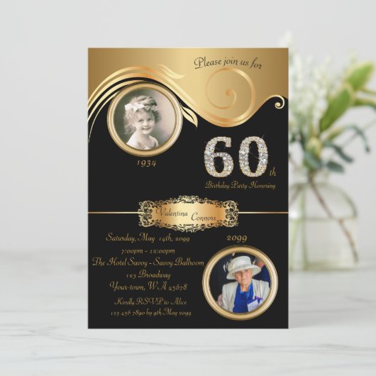 60e, Verjaardag Vrouw 60e, elegante art deco, zwar Kaart (Staand voorkant)