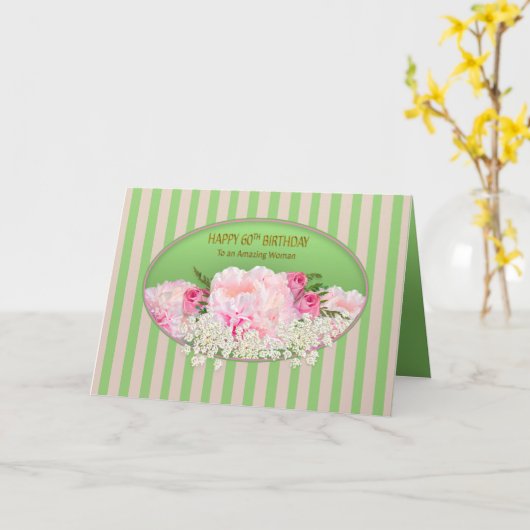 60e verjaardag, Vrouwelijk met roze pioenen, Bloem Kaart (Gele Bloem)