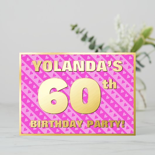 60e verjaardag — vuurroze harten en strips folie uitnodiging (Staand Voorkant)