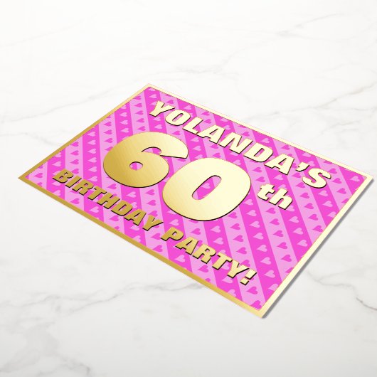 60e verjaardag — vuurroze harten en strips folie uitnodiging (Gedraaid)