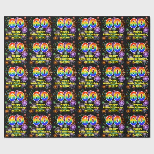 60e verjaardag: vuurwerk, regenboogblik # "60" cadeaupapier (Zoom)