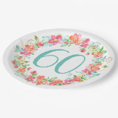 60e verjaardag waterverf bloemen feest papieren bordje (Gekanteld)