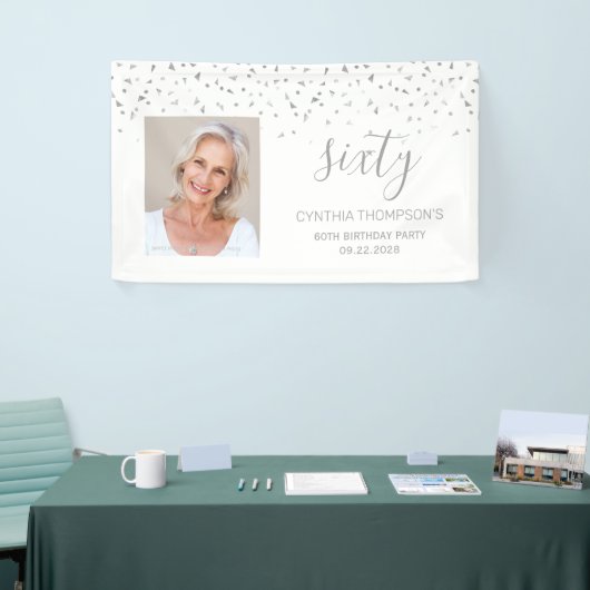 60e verjaardag White Silver Confetti Foto Spandoek (Beurs)