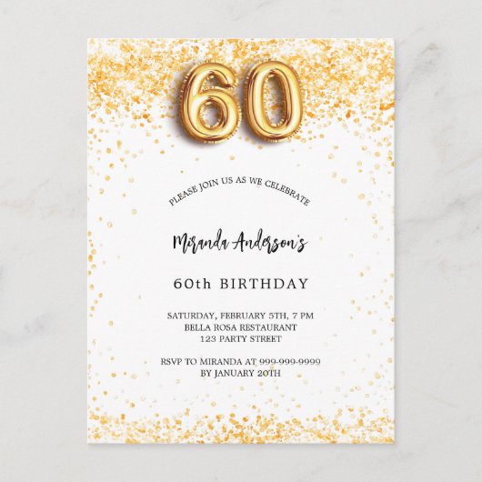 60e verjaardag wit goud confetti elegant uitnodiging briefkaart (Voorkant)