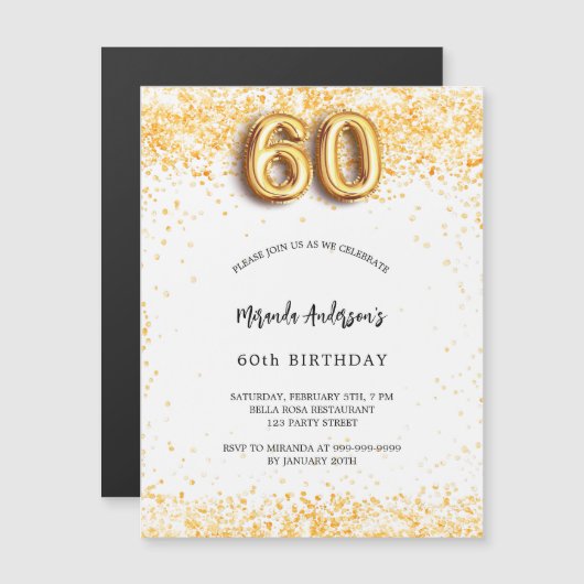 60e verjaardag wit goud confetti luxe magnetische uitnodiging (Voorkant / Achterkant)