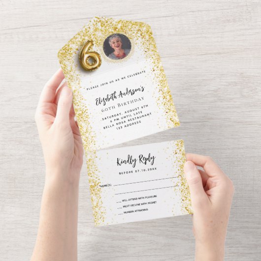 60e verjaardag wit goud fotofeest RSVP All In One Uitnodiging (Afscheurbaar)