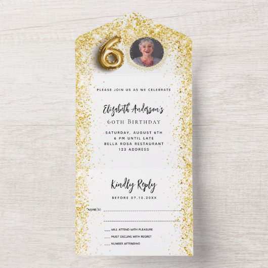 60e verjaardag wit goud fotofeest RSVP All In One Uitnodiging (Binnen)