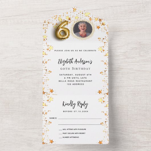 60e verjaardag wit gouden sterren fotofeest RSVP All In One Uitnodiging (Binnen)
