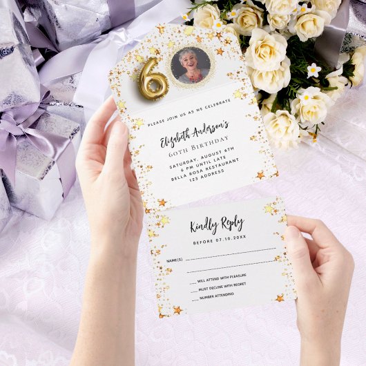 60e verjaardag wit gouden sterren fotofeest RSVP All In One Uitnodiging