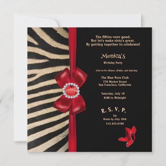 60e verjaardag Zebra Red Bow & Diamonds Kaart (Achterkant)
