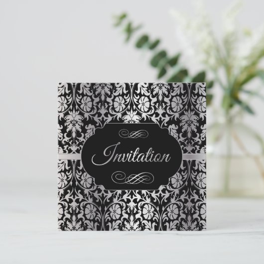 60e verjaardag | Zilver en zwart Damask Kaart (Staand voorkant)