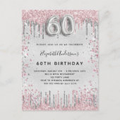 60e verjaardag zilver roze metaal glitterspoeder uitnodiging briefkaart (Voorkant)