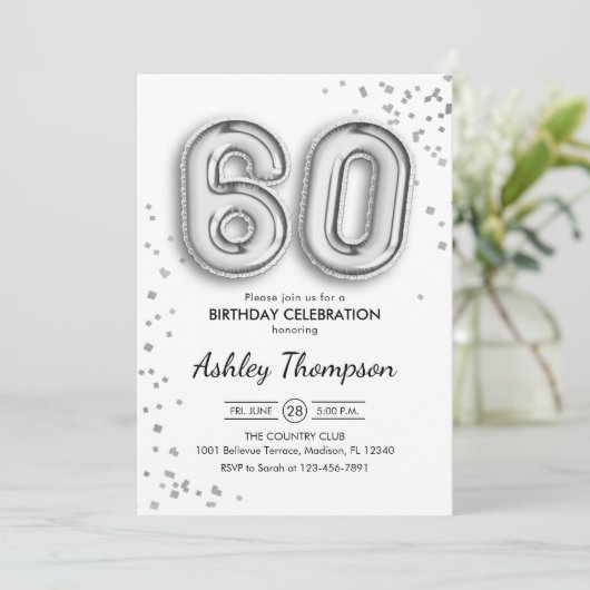 60e verjaardag - Zilveren Ballonnen Kaart (Staand voorkant)